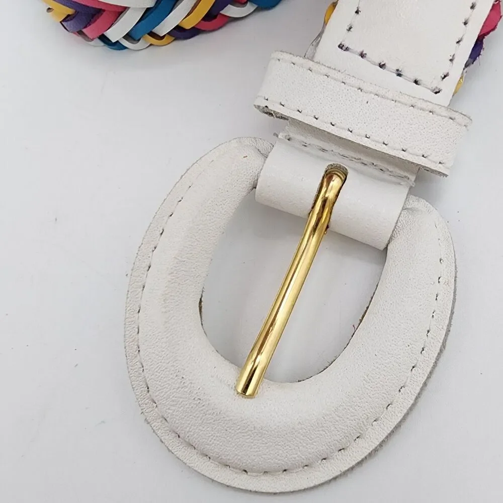 Womens Vintage Y2K Rainbow Braided Leather Belt Size L White Buckle Colorful 90s